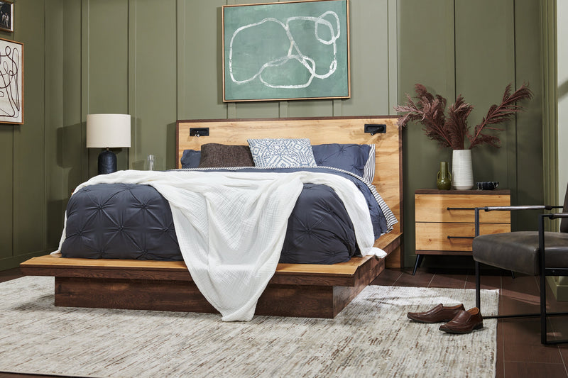 Silas Platform Bed with Headboard & Frame, LED, Rustic Brown - Queen Size