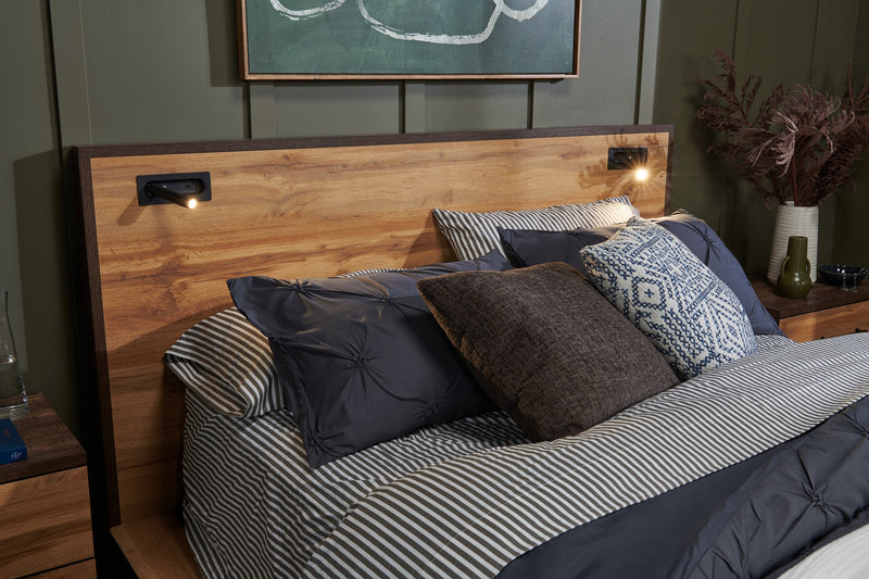 Silas Platform Bed with Headboard & Frame, LED, Rustic Brown - Queen Size