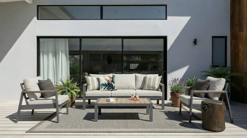 Tuscany  4-Piece Outdoor Patio Set with Sofa, 2 Chairs & Coffee Table - Metal, UV & Weather Resistant - Beige/Black