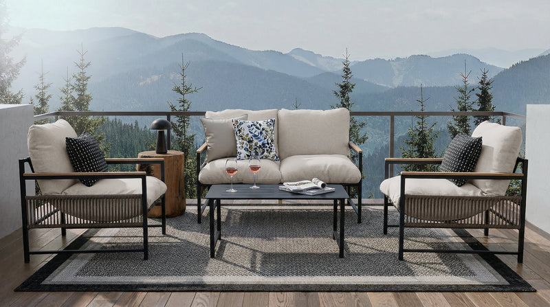 Vegas 4-Piece Outdoor Patio Set with Loveseat, 2 Chairs & Coffee Table - Resin Rope Wicker, UV & Weather Resistant - Natural/Black