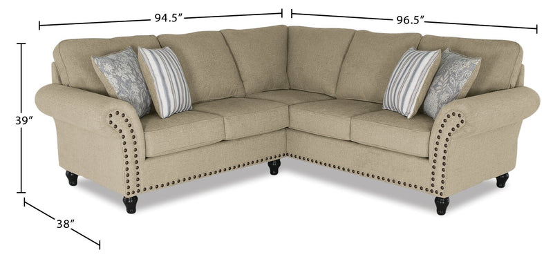 Made in Canada Wynn 2-Piece Chenille Fabric Sectional with Nailhead Trim and Wood Bun Legs - Taupe 