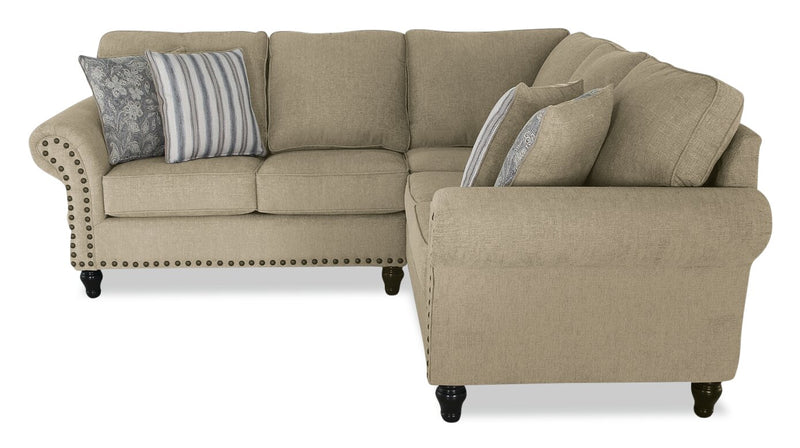 Made in Canada Wynn 2-Piece Chenille Fabric Sectional with Nailhead Trim and Wood Bun Legs - Taupe 