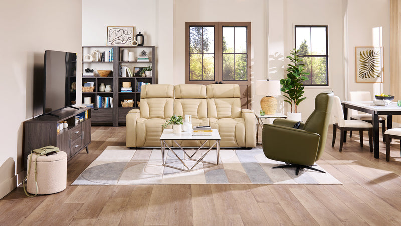 Zen 86\" Faux Leather Power Reclining Massage Sofa with Power Headrests and Drop-Down Console - Apricot