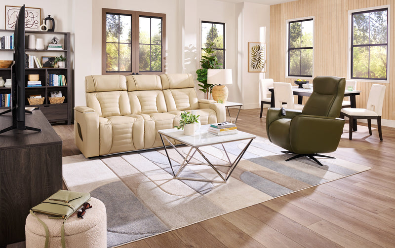 Zen 86\" Faux Leather Power Reclining Massage Sofa with Power Headrests and Drop-Down Console - Apricot