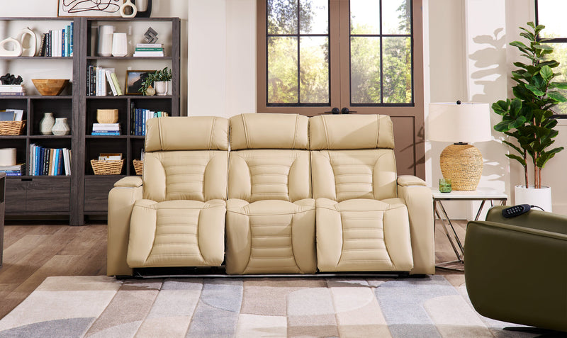 Zen 86\" Faux Leather Power Reclining Massage Sofa with Power Headrests and Drop-Down Console - Apricot