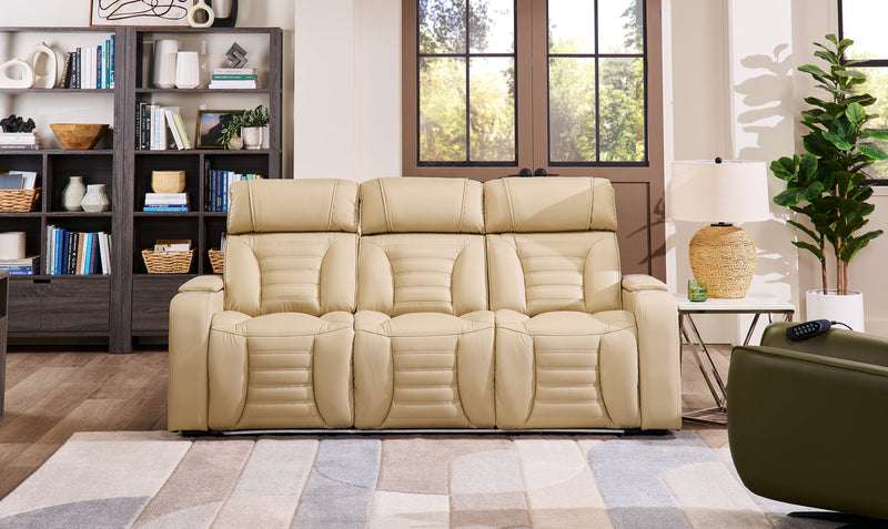Zen 86\" Faux Leather Power Reclining Massage Sofa with Power Headrests and Drop-Down Console - Apricot