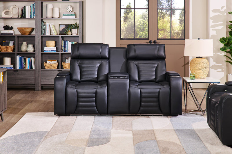 Zen 75.5\" Faux Leather Power Reclining Massage Loveseat with Refrigerator Console - Black
