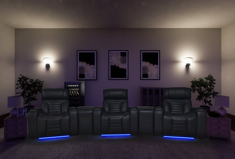 Zen 5-Piece Faux Leather Home Theatre Power Reclining Sectional with Massage and Two Storage Consoles - Black