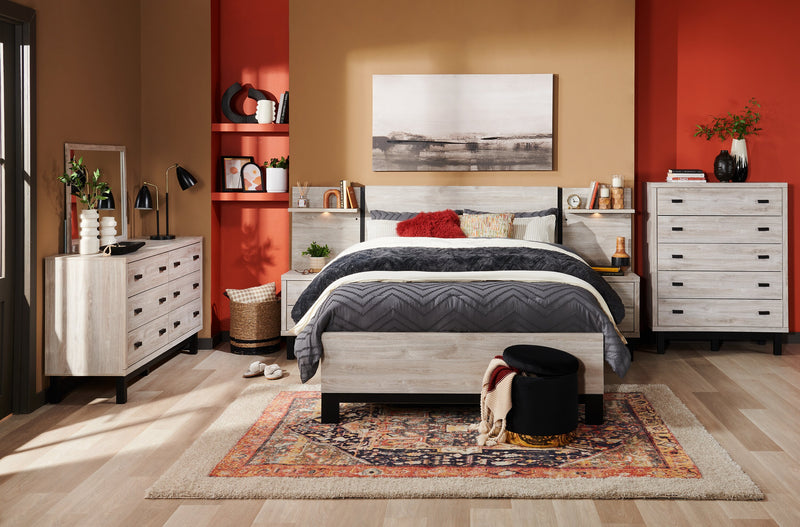 Zen Pier Bed with Headboard, Frame, Nightstands & Piers, USB, LED, Light Grey - Queen Size