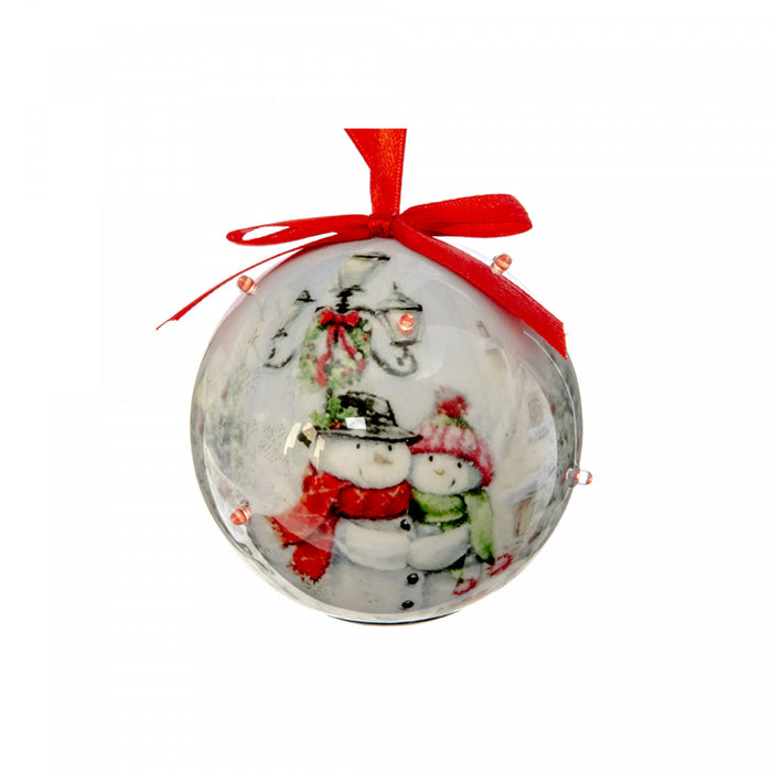 LED Ornament with Ribbon Snowman Couple - Set of 12 Christmas Ornaments