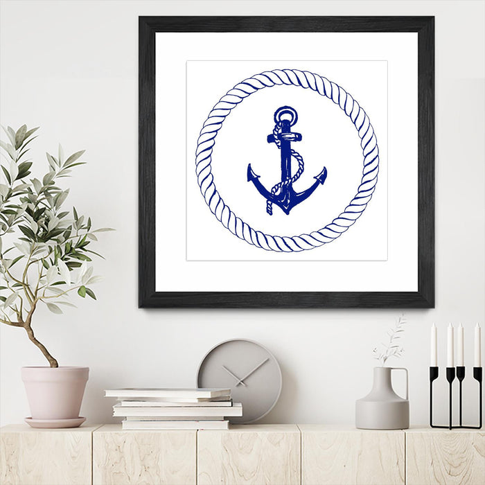 \"Blue Nautical Circle I\" Matted and Framed Black 36x36 Wall Art
