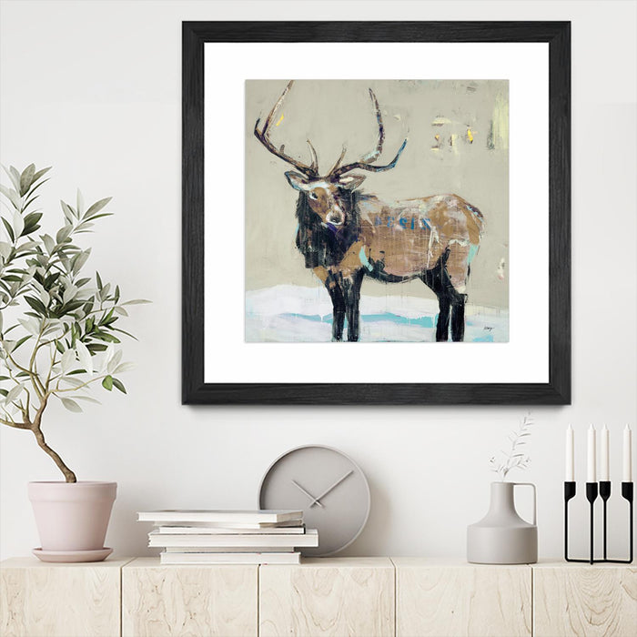 \"Winter Elk Neutral\" Matted and Framed Black 30x30 Wall Art