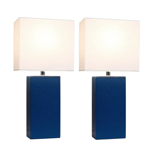 Elegant Designs 2 Pack Modern Leather Table Lamps with White Fabric Shades, Blue Lamp Set