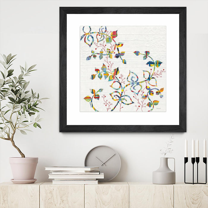 \"Rainbow Vines With Berries\" Matted and Framed Black 36x36 Wall Art