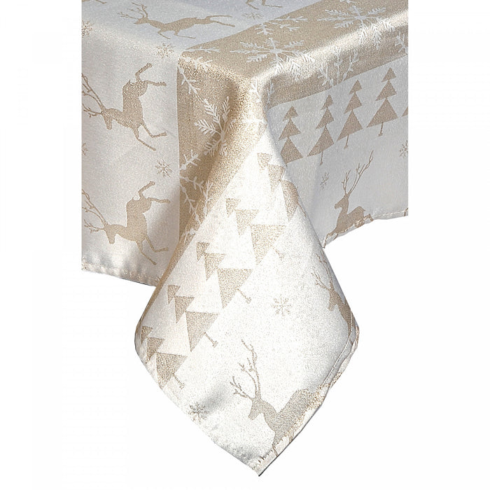 Lurex Tablecloth 54\" x 72\" Gold Jumping Reindeers