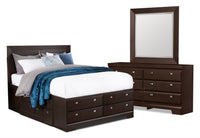 Yorkdale 5pc Bedroom Set with 12-Drawer Storage Bed, Dresser & Mirror, Brown - Full Size 