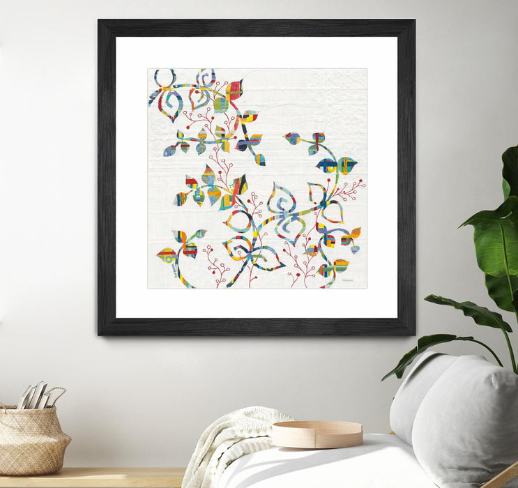 \"Rainbow Vines With Berries\" Matted and Framed Black 36x36 Wall Art