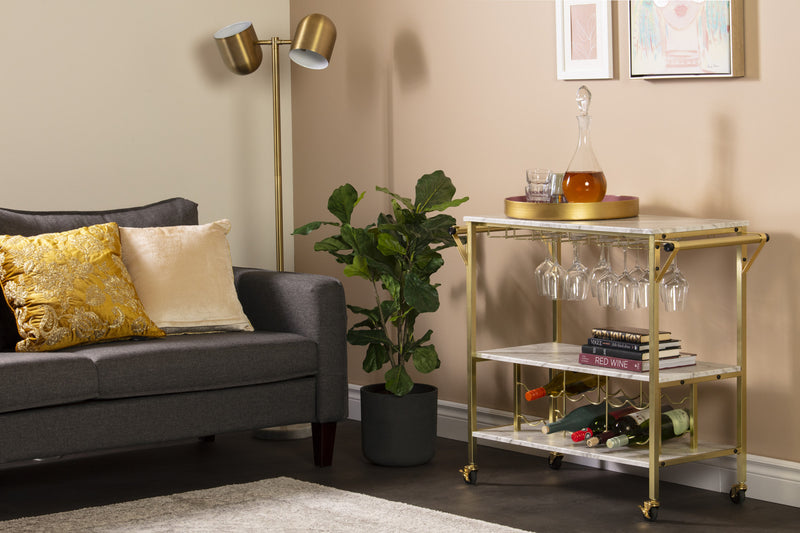 Maliza Bar Cart With Wine Bottle Storage And Wine Glass Rack - Faux Carrara Marble And Gold
