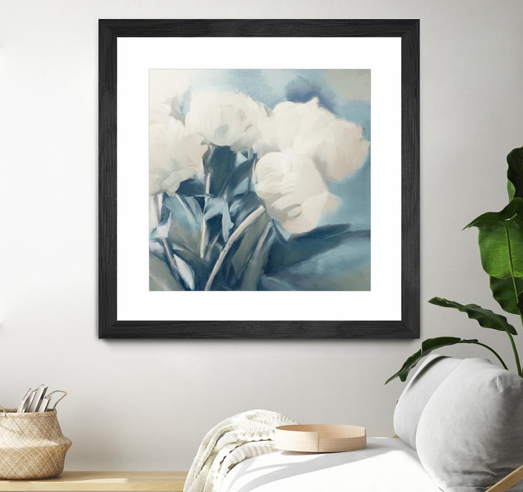 \"White Roses I\" Matted and Framed Black 36x36 Wall Art
