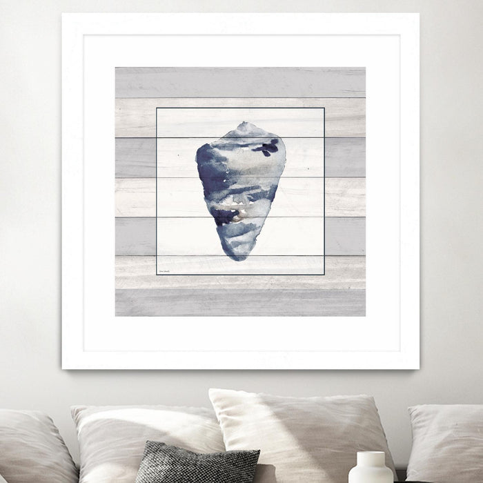 \"Muted Blue Shell On Wood\" Matted and Framed White 30x30 Wall Art