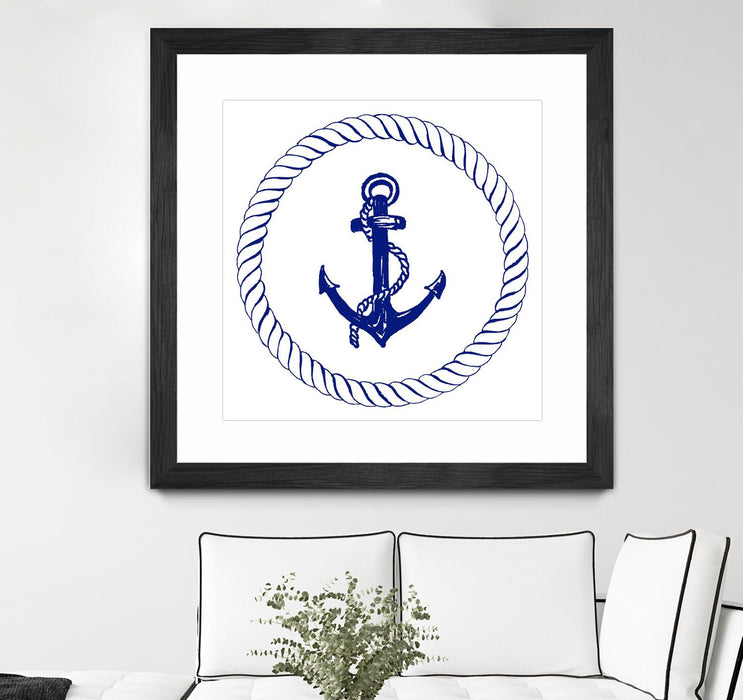 \"Blue Nautical Circle I\" Matted and Framed Black 36x36 Wall Art