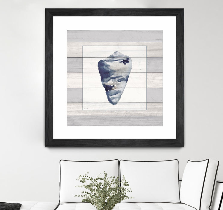 \"Muted Blue Shell On Wood\" Matted and Framed Black 30x30 Wall Art