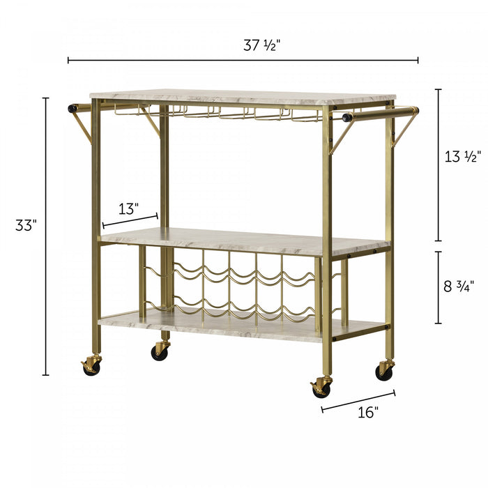 Maliza Bar Cart With Wine Bottle Storage And Wine Glass Rack - Faux Carrara Marble And Gold