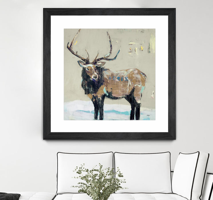 \"Winter Elk Neutral\" Matted and Framed Black 36x36 Wall Art