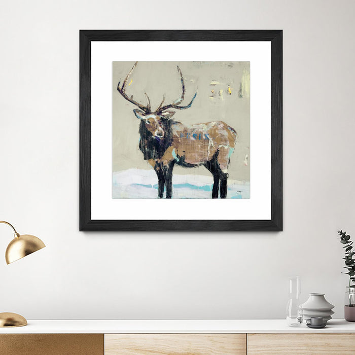 \"Winter Elk Neutral\" Matted and Framed Black 36x36 Wall Art