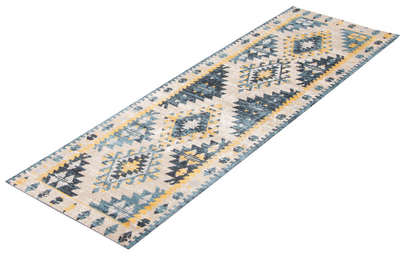 Mosaic Taupe/Blue Machine Washable Area Rug - 2'6\" x 8'0\"