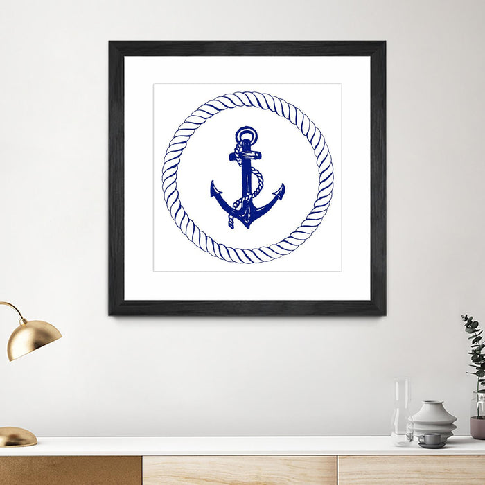 \"Blue Nautical Circle I\" Matted and Framed Black 36x36 Wall Art