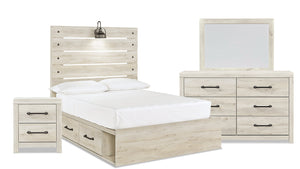 Abby 6pc Bedroom Set with Side Storage Bed, Dresser, Mirror & Nightstand, LED, USB, White - Full Size