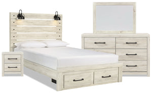 Abby 6pc Bedroom Set with Storage Bed, Dresser, Mirror & Nightstand, LED, USB, White - King Size