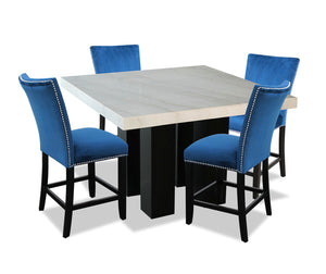 Cami 5pc Counter-Height Dining Set with Table & 4 Blue Chairs, Genuine Marble Top, 54