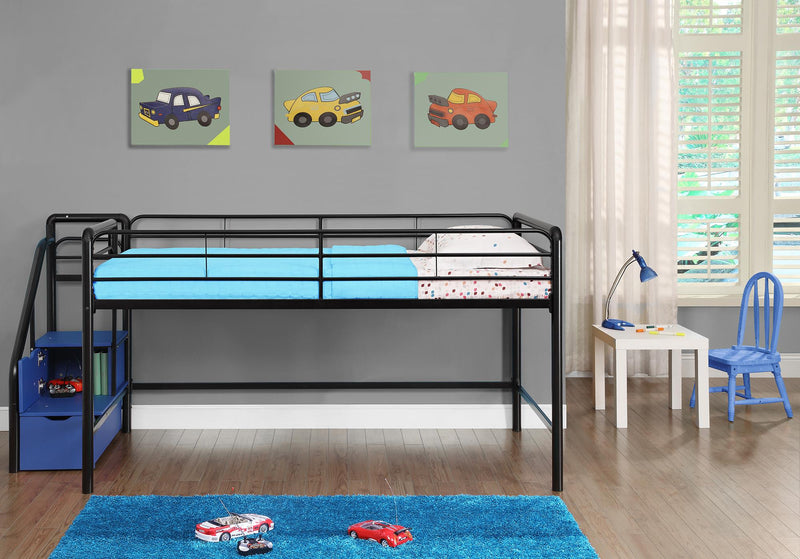 Atwater Living Kaden Junior Twin Loft Bed with Storage Steps - Black/Blue