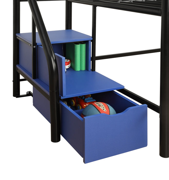 Atwater Living Kaden Junior Twin Loft Bed with Storage Steps - Black/Blue