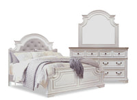 Grace 5pc Bedroom Set with Bed, Dresser & Mirror, Wooden, Fabric, Antique White - Queen Size 