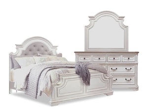 Grace 5pc Bedroom Set with Bed, Dresser & Mirror, Wooden, Fabric, Antique White - Queen Size