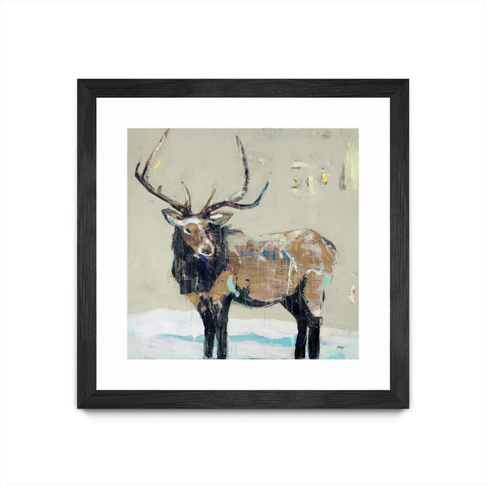 \"Winter Elk Neutral\" Matted and Framed Black 36x36 Wall Art