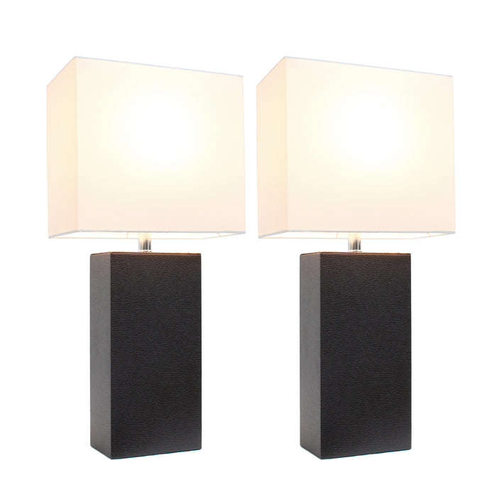 Elegant Designs 2 Pack Modern Leather Table Lamps with White Fabric Shades, Espresso Brown Lamp Set