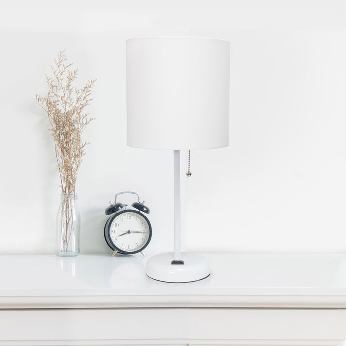 Limelights White Stick Lamp with Charging Outlet And Fabric Shade 2 Pack Set, White Lamp Set