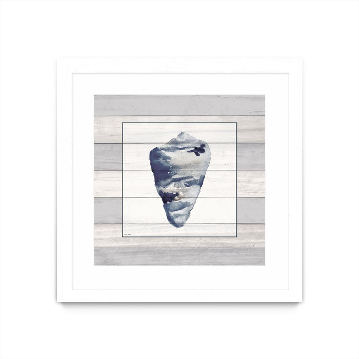 \"Muted Blue Shell On Wood\" Matted and Framed White 30x30 Wall Art