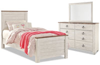 Willowton 5pc Bedroom Set with Bed, Dresser & Mirror for Kids, Whitewash - Twin Size 