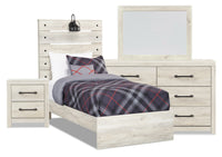 Abby 6pc Bedroom Set with Panel Bed, Dresser, Mirror, Nightstand for Kids, LED, USB, White - Twin Si… 