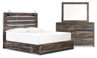 Abby 5pc Bedroom Set with Side Storage Bed, Dresser & Mirror, LED, USB, Brown - King Size 