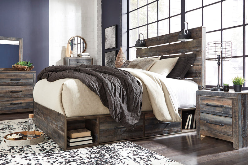 Abby 6pc Bedroom Set with Side Storage Bed, Dresser, Mirror & Nightstand, LED, USB, Brown - Queen Size