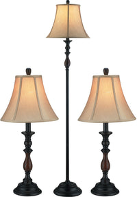 Traditional Antiqued-Bronze 3-Piece Set, Floor and Two Tables Lamps