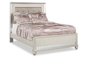 Diva Panel Bed with Headboard & Frame, Glam, Vegan Leather, Silver - Queen Size