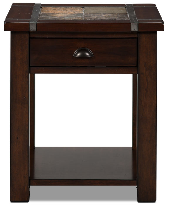 Roanoke 22\" Rustic End Table with Storage and Shelf - Dark Cherry Wood and Slate Inlay