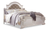 Grace Panel Bed with Headboard & Frame, Wooden, Fabric, Antique White - King Size 